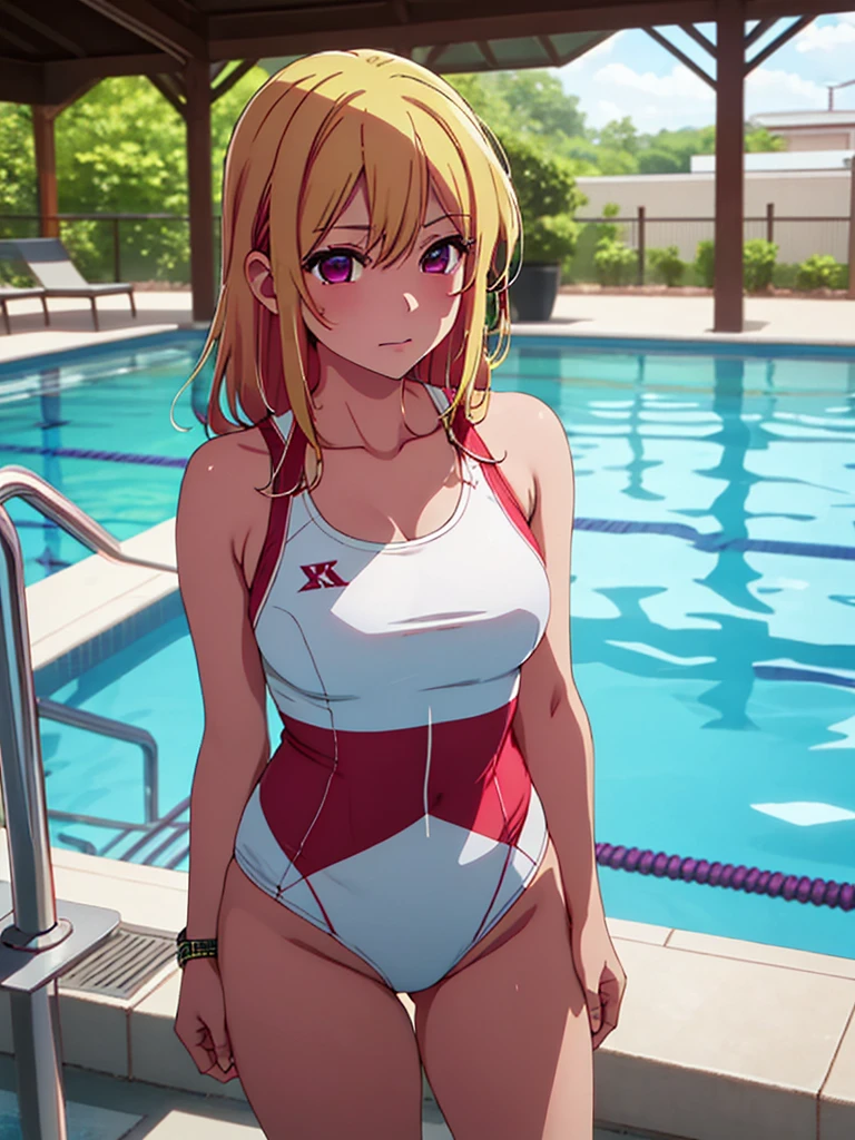 Ruby Hoshino , 1women, wearing a hot sexy swimming kit, at a pool, blonde hair, 8k, high detailed, high quality
