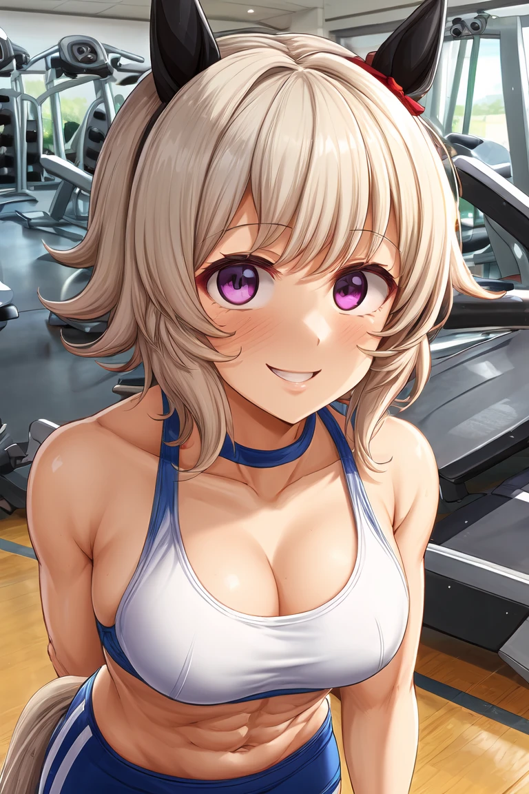 curren chan\(umamusume\), (((ultra-detailed face))), symmetrical face, (masterpiece), best quality, gym room, front, horse tail, drinking water, smile, (muscle), (abs:0.9), workout, (sports bra), medium tits