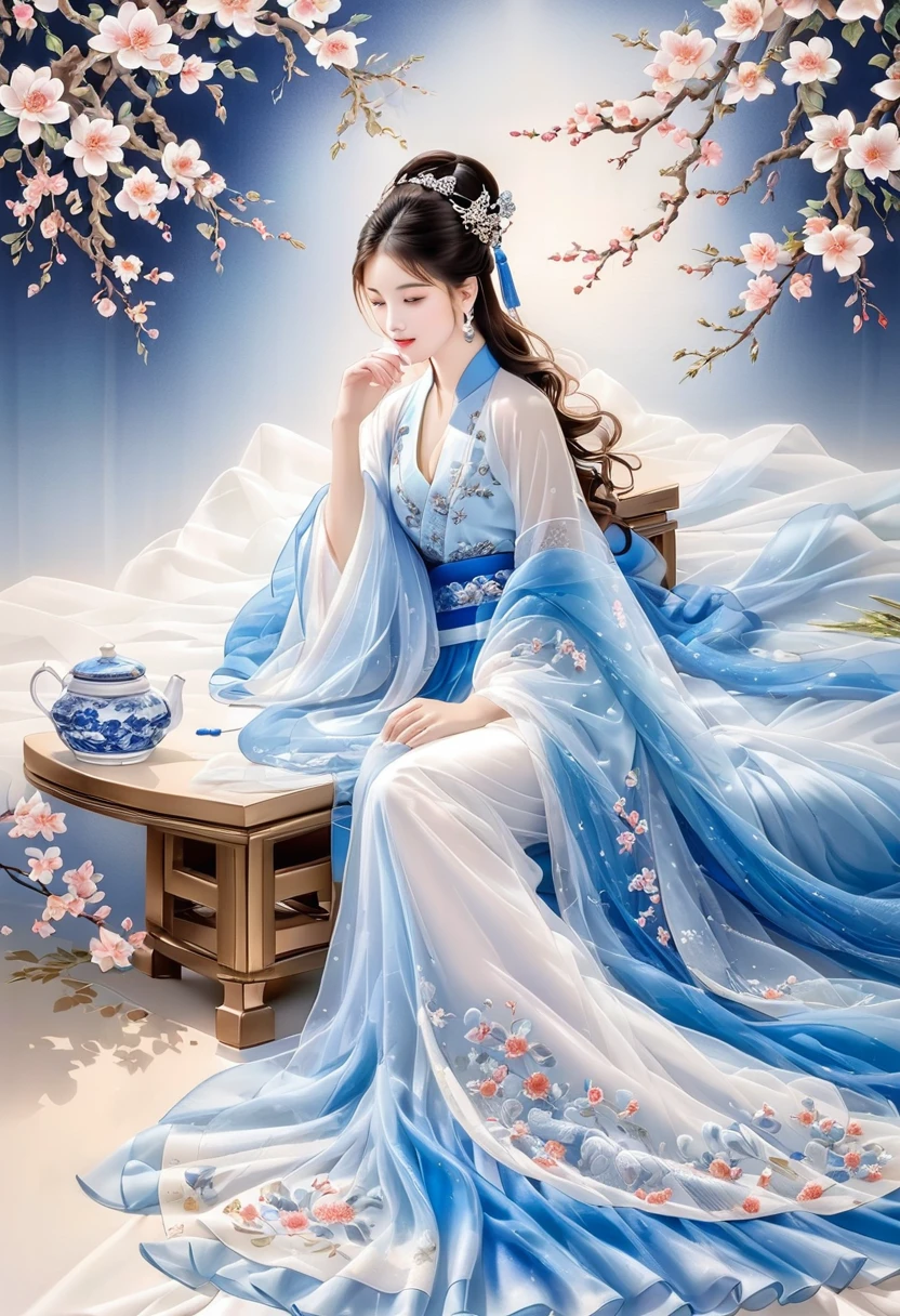 embroidery,Three-dimensional embroidery,(A picture of blue ornate Suzhou embroidery hangs on the wall),blue-white petals, Silk material embroidery, Inspired by Yao Jianping’s dream of Su embroidery works,translucent,abundant cleavage,painting on silk, alcohol ink art