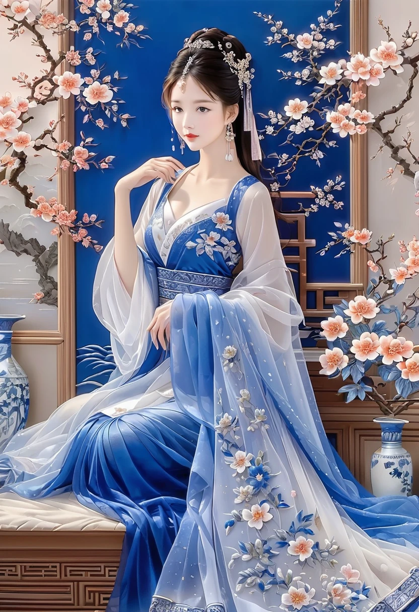 embroidery,Three-dimensional embroidery,(A picture of blue ornate Suzhou embroidery hangs on the wall),blue-white petals, Silk material embroidery, Inspired by Yao Jianping’s dream of Su embroidery works,translucent,abundant cleavage,painting on silk, alcohol ink art