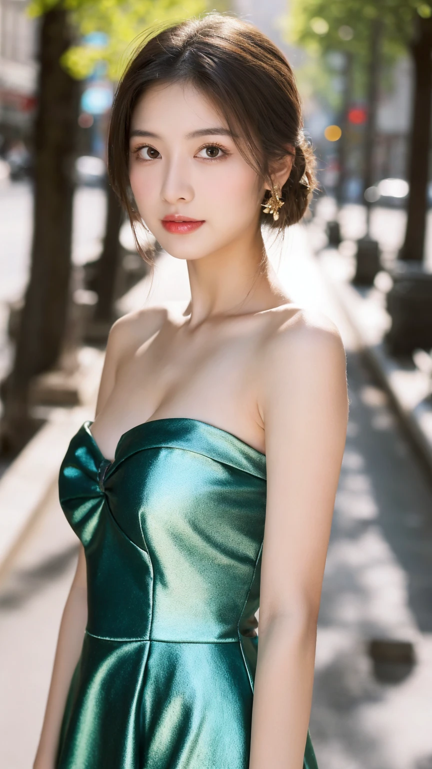 ((Best quality, 8K, masterpiece:1.3)),1girl,18 years old,Asian,Real texture:1.3,(Background blur:1.1),Gorgeous long dress,Tall and slender figure:1.2,(Hot summer weather),(street:1.3),Highly detailed face and skin textures,Exquisite eyes,Long eyelashes,Double eyelids,Skin Whitening,happy,Various postures,Big breasts