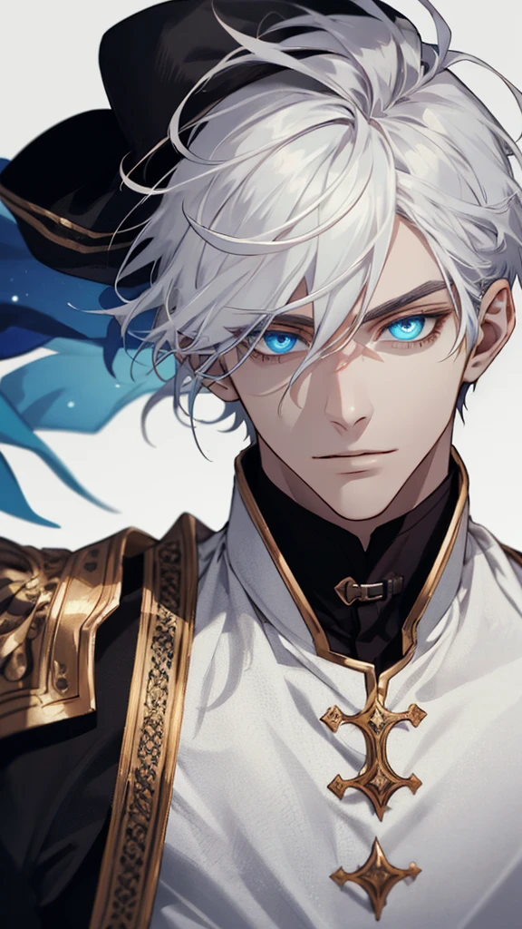(extreamly delicate and handsome:1.2), 8K,(шедевр:1.0),(best_quality:1.0), 1man,, finely eye and detailed face, white simple medieval outfit, ruinscape background, (closed mouths),long white hair, Perfect eyes, blue sea eyes, Equal eyes, (A male god)