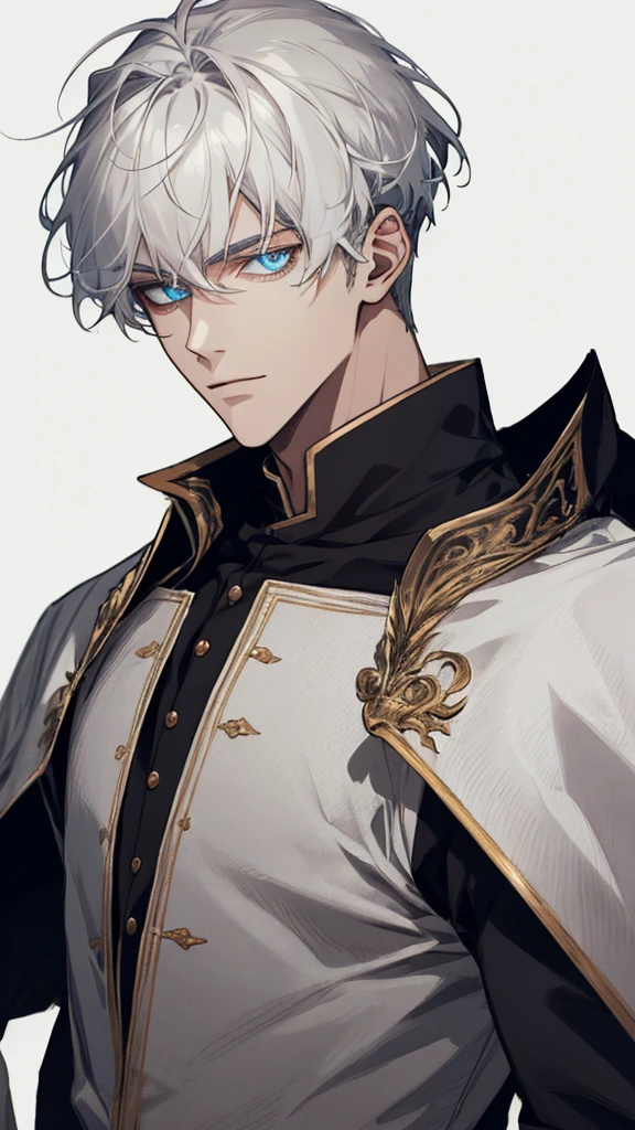(extreamly delicate and handsome:1.2), 8K,(шедевр:1.0),(best_quality:1.0), 1man,, finely eye and detailed face, white simple medieval outfit, ruinscape background, (closed mouths),long white hair, Perfect eyes, blue sea eyes, Equal eyes, (A male god)