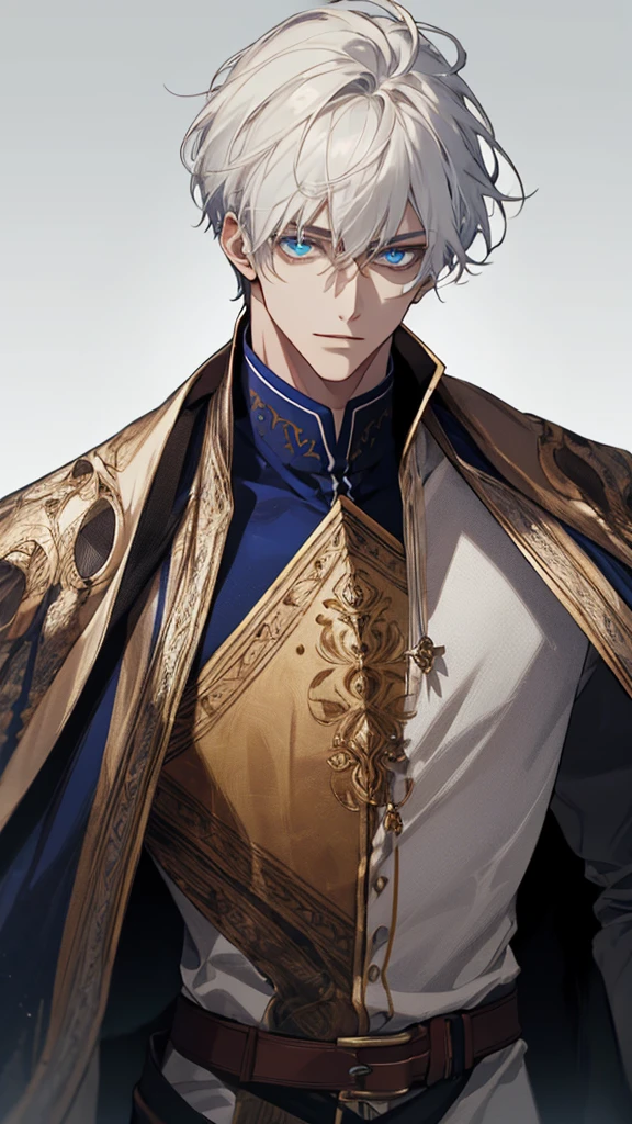 (extreamly delicate and handsome:1.2), 8K,(шедевр:1.0),(best_quality:1.0), 1man,, finely eye and detailed face, white simple medieval outfit, ruinscape background, (closed mouths),long white hair, Perfect eyes, blue sea eyes, Equal eyes, (A male god)