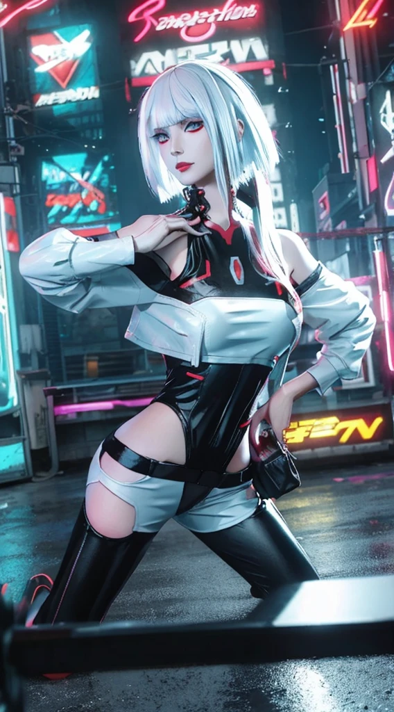 (masterpiece, best details), lucy_cyberpunk, (close up),1 sweet girl,white short hair, bangs,(medium breasts:1.5) ((red eyeliner)), ((makeup)),red lips, (white off-shouler jacket), black bodysuit, bare shoulders, white shorts, hip vent, (dynamic pose), looking at viewer, upper body,fantasy, high contrast,cityscape, neon lights, neon trim, ((cyberpunk)), (seducing expression, slight smile), low angle