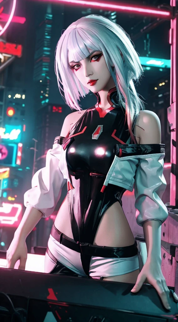 (masterpiece, best details), lucy_cyberpunk, (close up),1 sweet girl,white short hair, bangs,(medium breasts:1.5) ((red eyeliner)), ((makeup)),red lips, (white off-shouler jacket), black bodysuit, bare shoulders, white shorts, hip vent, (dynamic pose), looking at viewer, upper body,fantasy, high contrast,cityscape, neon lights, neon trim, ((cyberpunk)), (seducing expression, slight smile), low angle