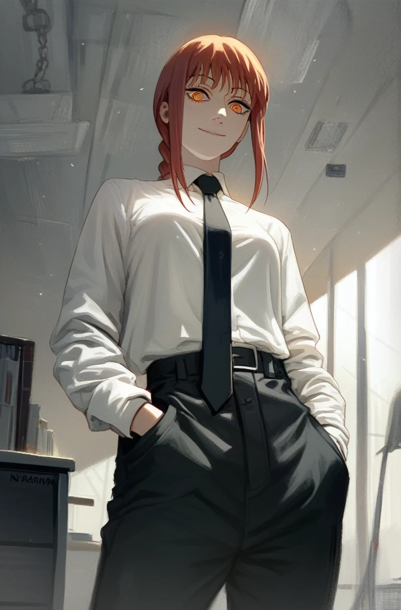 makima, 1girl, solo, makima_(chainsaw_man), makima, uniform, pants, white shirt, tie, smile, confident smile, standing, hands in pockets, controlling devils, office, desk, chainsawman, worm's_eye_view low_angle close_up,breast_focus