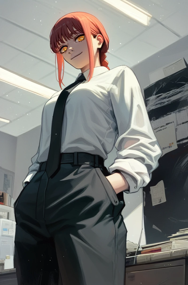 makima, 1girl, solo, makima_(chainsaw_man), makima, uniform, pants, white shirt, tie, smile, confident smile, standing, hands in pockets, controlling devils, office, desk, chainsawman, worm's_eye_view low_angle close_up,breast_focus