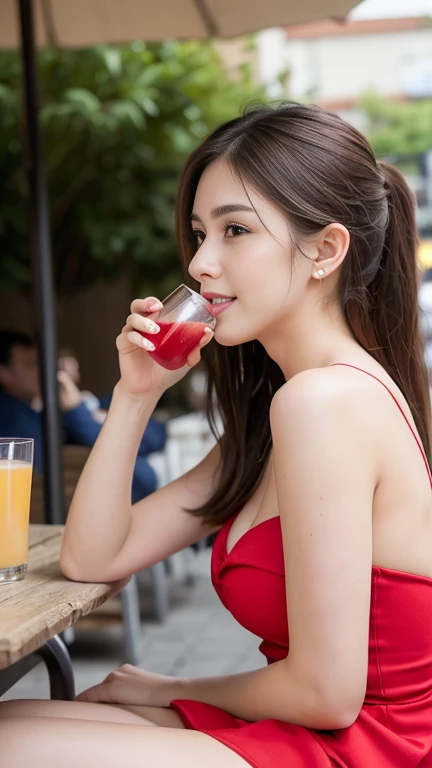 (RAW Photos), (Realistic), (masterpiece), (Highest quality), High resolution, 8K,(Volumetric Light), woman, Age 25, Short Ponytail, Straight hair, Layered Hair, Brown Hair, Very beautiful eyes, Source order, Very thin eyebrows, Very fine skin, Very beautiful mouth, Very nice nose, Cute like an idol,A smile showing white teeth, (Thick lips),(Ample breasts), (Looking at the audience), (Red and white dress),( Sitting on a chair in an outdoor cafe drinking juice),(From the whole body to the toes:1.3),(Side Shot),(Cowboy Shot),(Natural pose),(Bold Pose),,(drink juice with left hand),(Side view:1.3),(Sit upright),