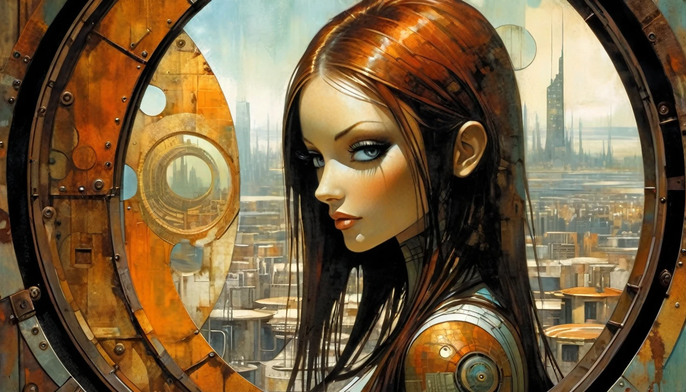 sexy girl with long hair and a futuristic appearance controls the control panel of a convoluted futuristic industrial machinery, (best quality, 4k, 8k, high resolution, masterpiece: 1.2), ultra detailed, (realistic, photorealistic ,vivid colors: 1.37), intricate details, sharp focus, professional, artwork by Dave McKean, surreal oil touch, oil painting style, portrait, woman, beautiful detailed eyes, beautiful lips detailed,sexy, dreamy atmosphere, shadow play, soft lighting, playful pose, dark tones, ethereal background, fantasy elements, texture, layered composition.
