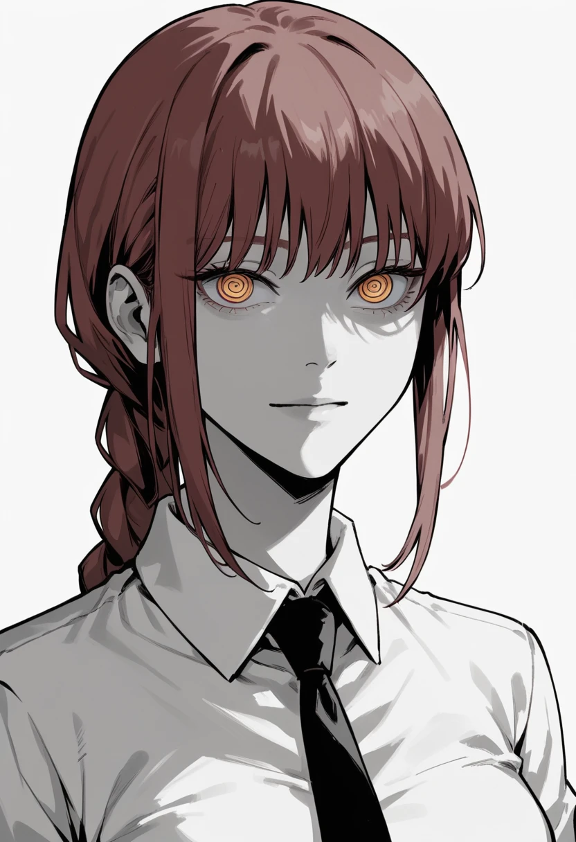 score_9, score_8_up, score_7_up, looking at viewer, makima, red hair, braid ponytail, ringed eyes, yellow eyes, white shirt, black necktie, dark, emotionless, monochrome, simple background