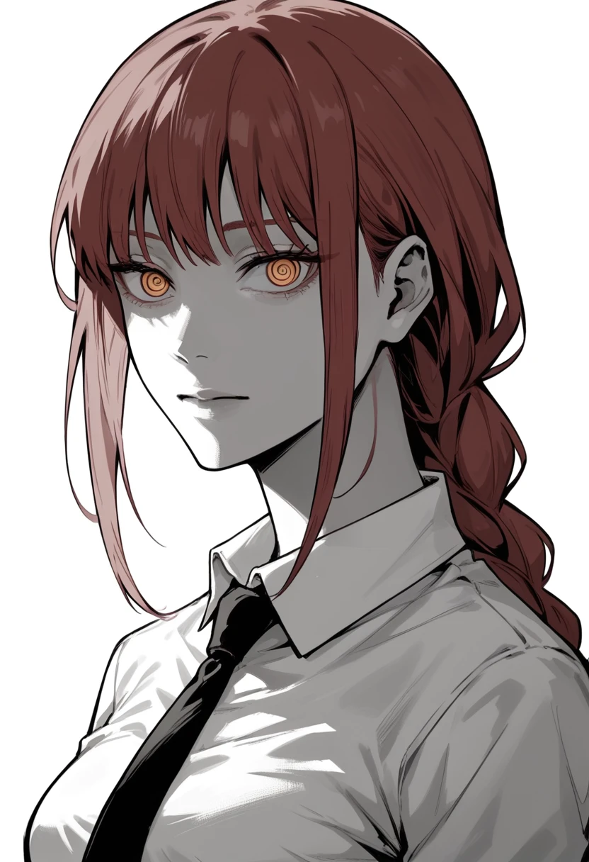 score_9, score_8_up, score_7_up, looking at viewer, makima, red hair, braid ponytail, ringed eyes, yellow eyes, white shirt, black necktie, dark, emotionless, monochrome, simple background