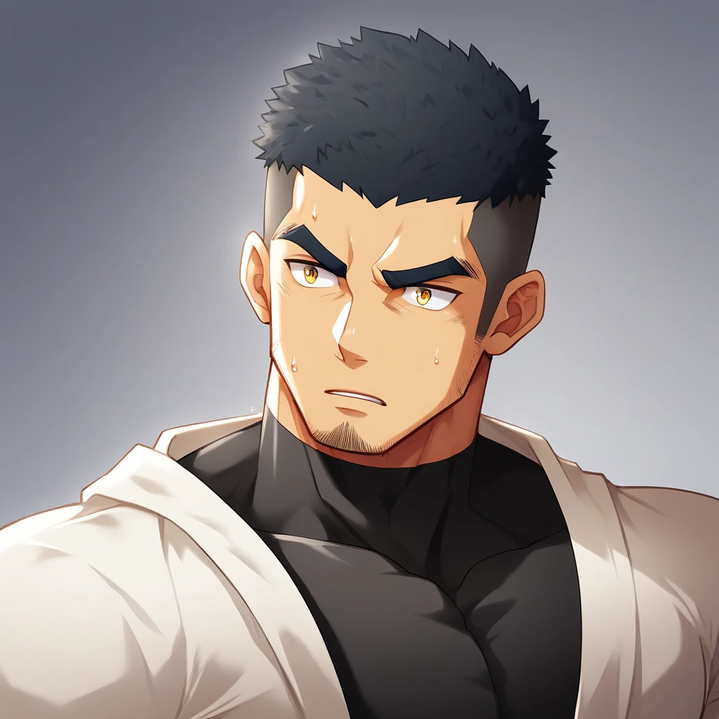 anime characters:Gyee, Muscle Sports Student, 1 muscular tough guy, Manliness, male focus, Light yellow high collar long sleeve tight T-shirt, Very tight, The clothes were soaked with sweat, The pectoral muscles are oversized, Slightly transparent, muscular male, muscular, only, Upper body, alone, Black short hair, Thick eyebrows, stubble, Yellow eyes, Grey background, simple background, amazing quality, best aesthetics, Ridiculous, bright pupils, crew cut, parted lips, v-shaped eyebrows, jitome, disdain, drop shadow, best quality