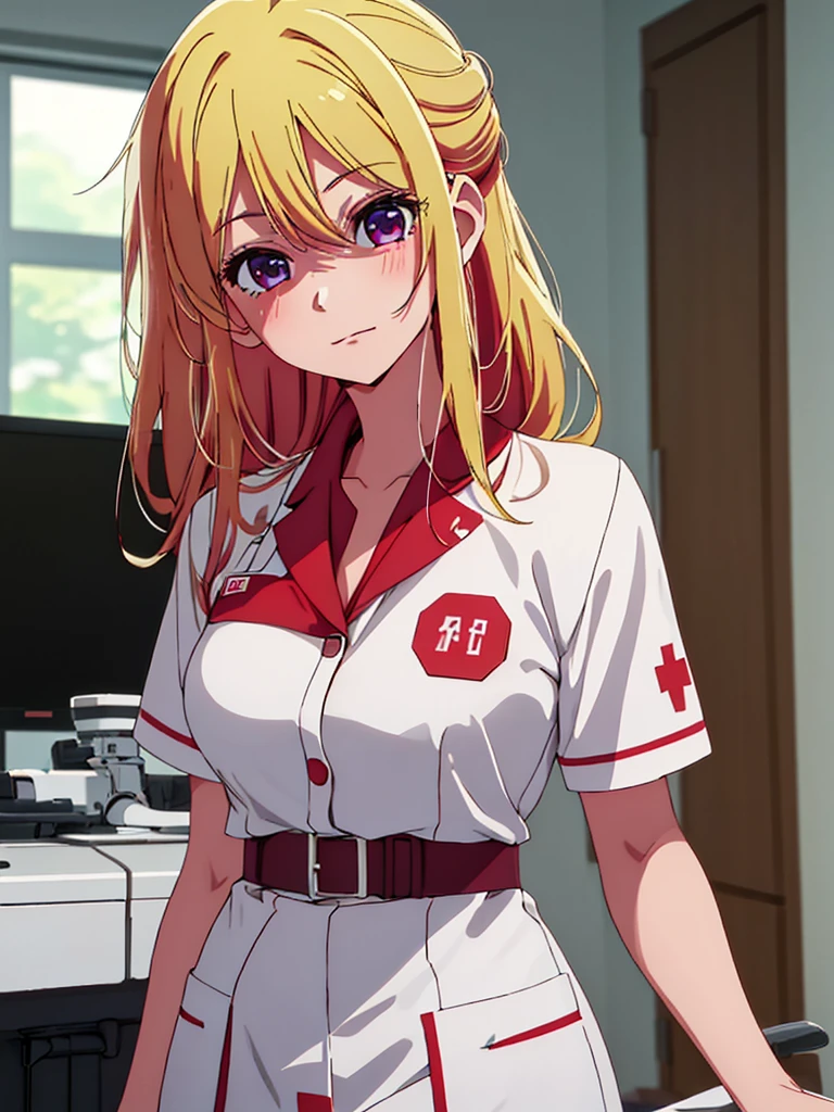 Ruby Hoshino , 1girl, as a nurse, wearing a nurse uniform, at a hospital , blonde hair, ruby Hoshino's amazing eyes, 8k, high detailed, high quality
