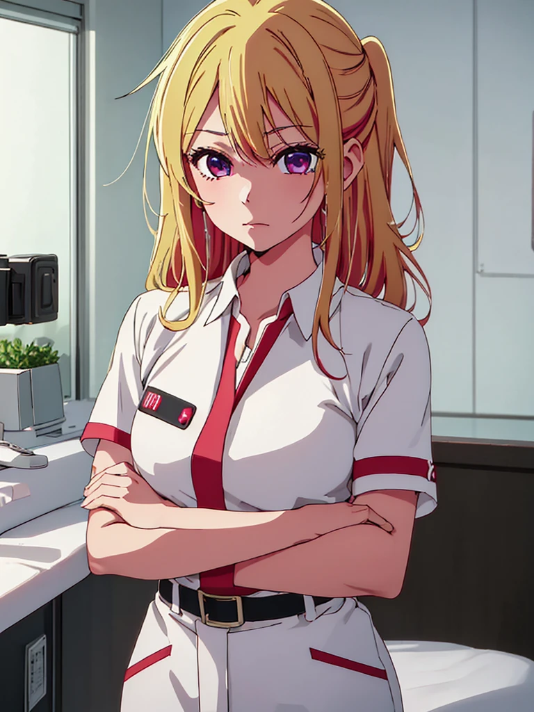 Ruby Hoshino , 1girl, as a nurse, wearing a nurse uniform, at a hospital , blonde hair, ruby Hoshino's amazing eyes, 8k, high detailed, high quality
