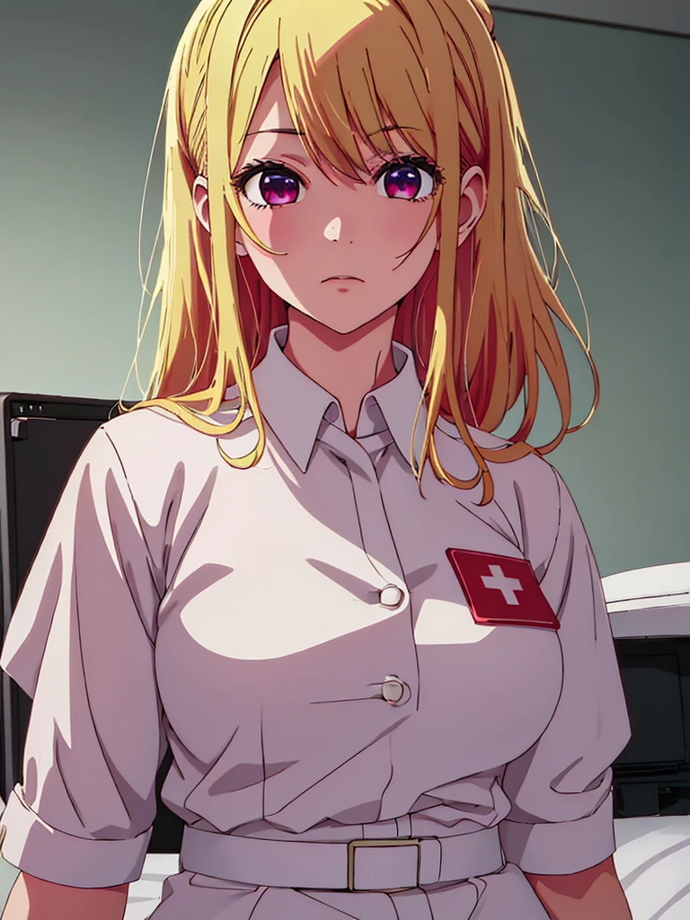 Ruby Hoshino , 1girl, as a nurse, wearing a nurse uniform, at a hospital , blonde hair, ruby Hoshino's amazing eyes, 8k, high detailed, high quality
