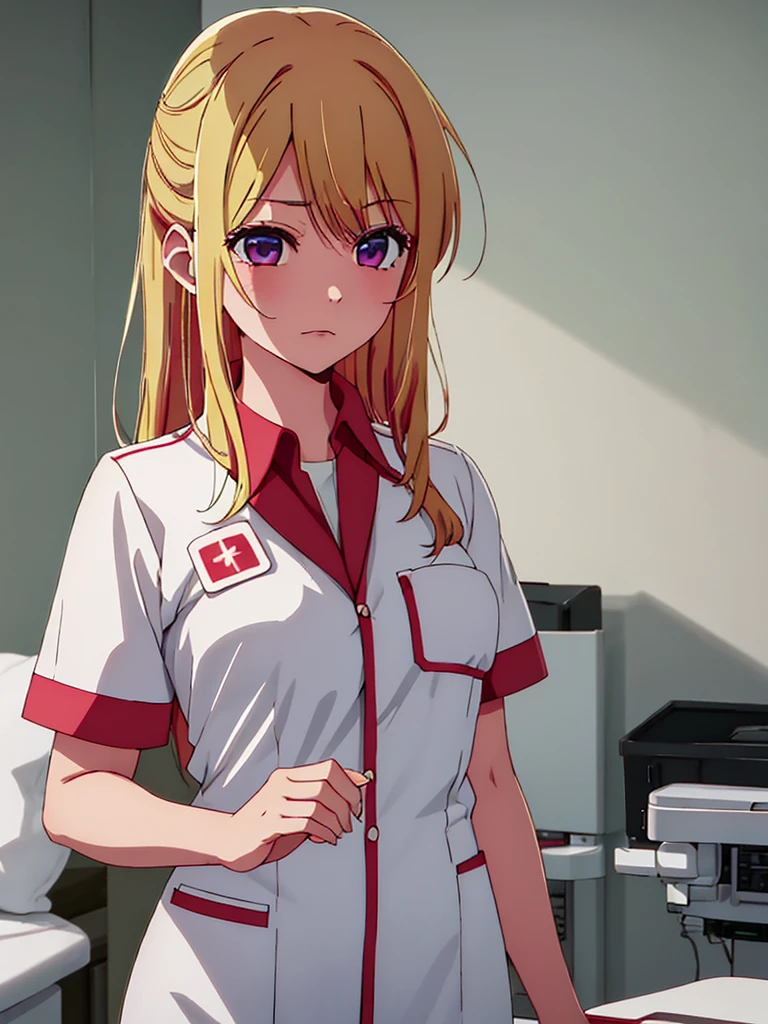 Ruby Hoshino , 1girl, as a nurse, wearing a nurse uniform, at a hospital , blonde hair, ruby Hoshino's amazing eyes, 8k, high detailed, high quality
