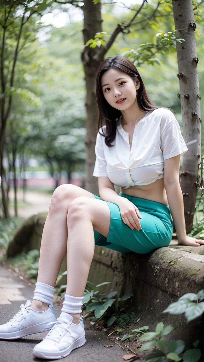 masterpiece, best quality, Surreal, Ultra Detailed, 8k resolution, RAW photos, Clear focus, (A girl in the forest),Asian woman in a blue top and white shorts posing for a photo,Breast augmentation， Full body posture, Solitary, Perfect body, Become a, 32 inches in the chest,(a charming smile:1), (sexy pose)，26 years old, light,White shoes，Nozomi Takemura, Oka Yasumoto, Chiho, Ogata Aoi, Motto Cave, Yoshitomo Nara, Kakinuchi Megumi, Harumi, Kojima De Ami, Beichuan Marin
