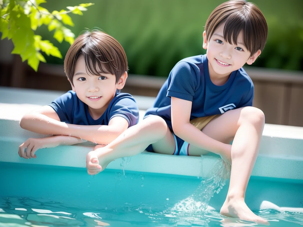 夏休みのprimary school校、Pool、primary school５Grade、Japan Boy、The water feels good、A good boy dripping with water、hot day、Two Boys、Various poses、Short sleeve gym uniform、Blue shorts、physical education、barefoot，（Boy 1.4）、Boys only 、(１０Age 1.４)