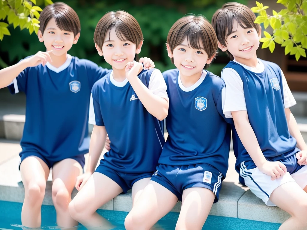 夏休みのprimary school校、Pool、primary school5Grade、Japan Boy、The water feels good、A good boy dripping with water、hot day、Two Boys、Various poses、Short sleeve gym uniform、Blue shorts、physical education、barefoot,(Boy 1.4)、Boys only 、(10Age 1.4)