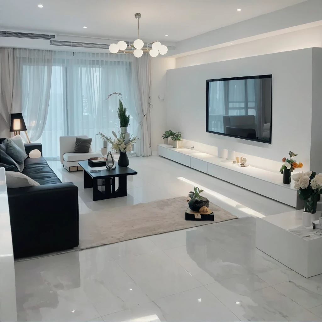The living room has a large flat-screen TV and large windows。。。, Inside the apartment,A table, Cream Room, Modern living room, 奶油色和White color scheme, Natural light as background, Indoor living room, Living room, Apartment Design, Popular interior design styles, White color scheme,Modern style living room,Beige is the dominant and neutral tone,Modern popular furniture and some flowers and greenery,Simple and practical TV background wall,Exquisite wooden floor,Beautiful artistic chandelier,Bright space,Soft Light,Through the window, Enjoy the cityscape of the high-rise building,Ultra-high quality,Super Detail,Masterpiece, A high resolution, Modern living room, Modern Home, Simple style, Realism, Ray Tracing, Sony FE GM, Sony FE, Nikon, Canon, Ultra HD, ccurate, Textured Skin, Highly detailed, Super details, High quality, Best quality, 16K, Awards,Wide Angle