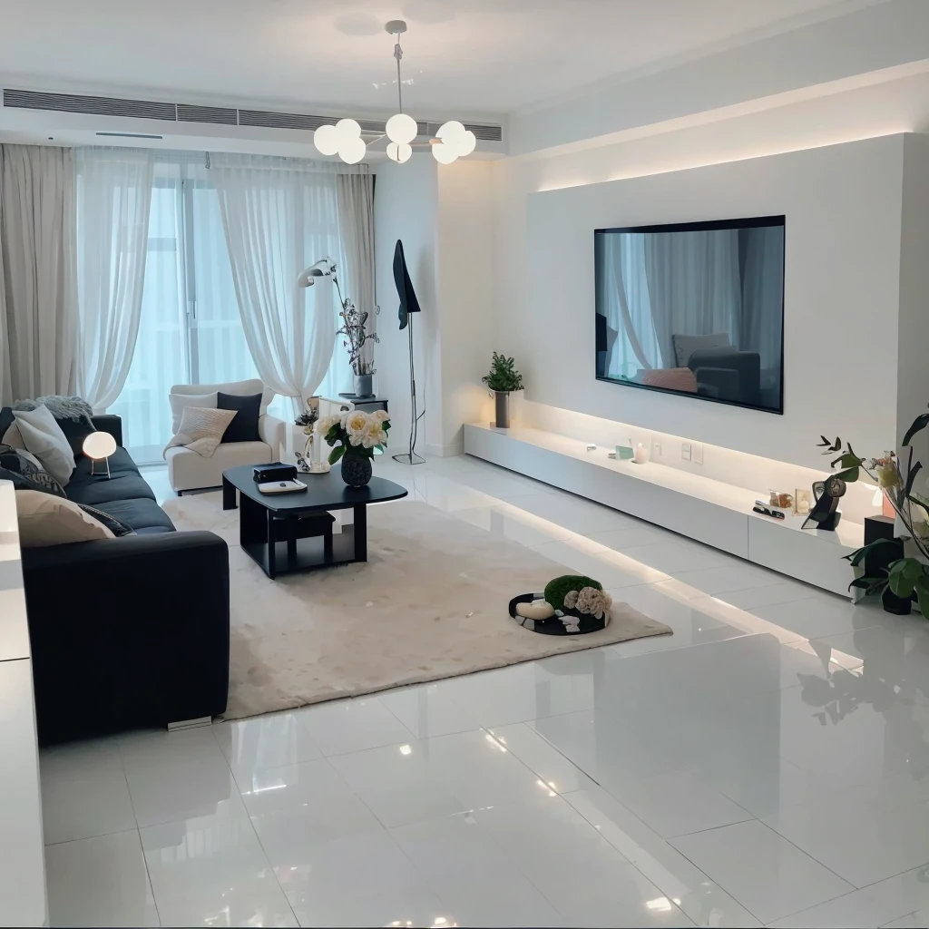 The living room has a large flat-screen TV and large windows。。。, Inside the apartment,A table, Cream Room, Modern living room, 奶油色和White color scheme, Natural light as background, Indoor living room, Living room, Apartment Design, Popular interior design styles, White color scheme,Modern style living room,Beige is the dominant and neutral tone,Modern popular furniture and some flowers and greenery,Simple and practical TV background wall,Exquisite wooden floor,Beautiful artistic chandelier,Bright space,Soft Light,Through the window, Enjoy the cityscape of the high-rise building,Ultra-high quality,Super Detail,Masterpiece, A high resolution, Modern living room, Modern Home, Simple style, Realism, Ray Tracing, Sony FE GM, Sony FE, Nikon, Canon, Ultra HD, ccurate, Textured Skin, Highly detailed, Super details, High quality, Best quality, 16K, Awards,Wide Angle