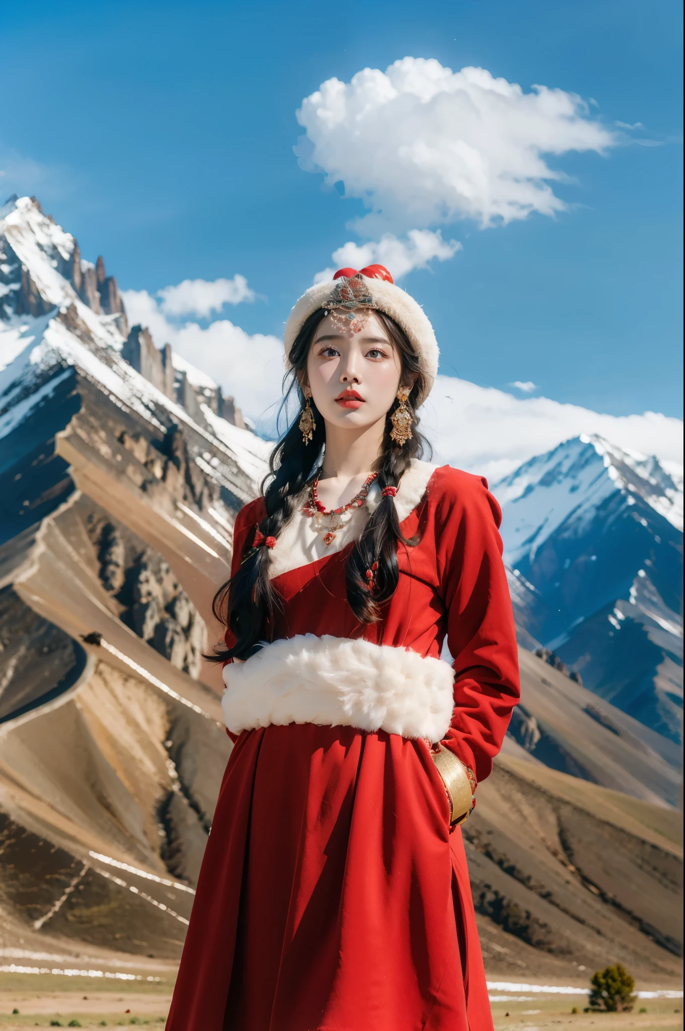 (masterpiece, best quality:1.2),red Tibetan clothing,1 Tibetan girl, blue sky, cloud, cloudy sky, day, earrings,Plush hat, horizon,Tibetan Earrings,jewelry,necklace, lips,snow mountain, outdoors, parted lips, red lips, solo,flat chest,(upper body:1.2),standing,(arms behind back:1.2)