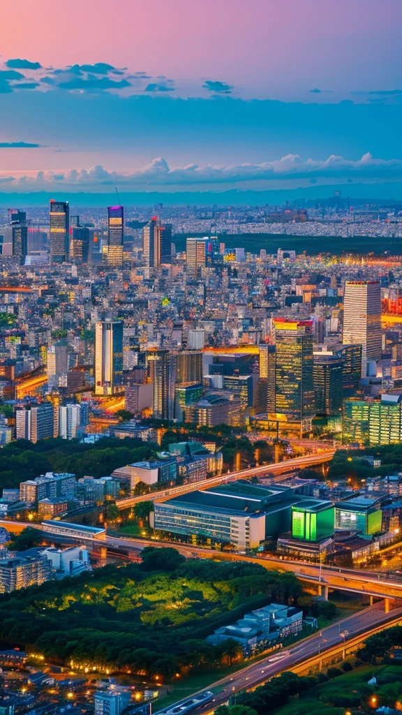 a view of a city with tall buildings and a green park, a picture by Naondo Nakamura, unsplash, sōsaku hanga, tokyo japan, arafed view of a field of flowers with a sunset in the background, floral sunset, warm beautiful scene, beautiful sunrise, flowers sea everywhere, sunset warm spring, beautiful sunset, magnificent background, vibrant sunrise, beautiful sunset glow, breathtaking landscape, stunning sunset, field of flowers, at sunrise in springtime, sunset glow, beautiful sunrise lighting, flower field, sunset sunrise tokyo city, tokyo city in the background, tokio, tokyo, japanese city, tokyo prefecture, new tokyo, aerial view of a city, tokyo in the background, bird's eye view of a city