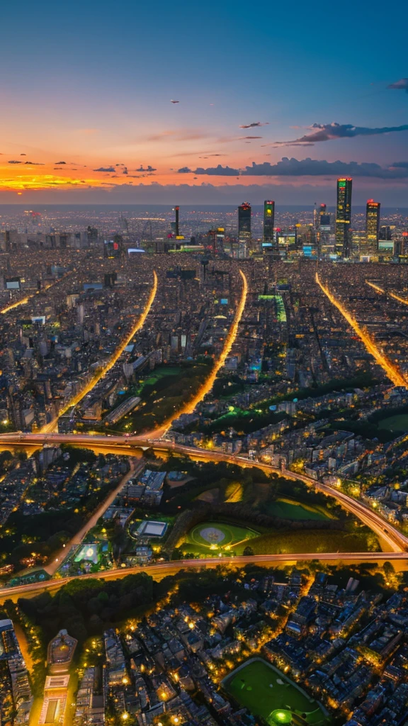a view of a city with tall buildings and a green park, a picture by Naondo Nakamura, unsplash, sōsaku hanga, tokyo japan,    arafed view of a field of flowers with a sunset in the background, floral sunset, warm beautiful scene, beautiful sunrise, flowers sea everywhere, sunset warm spring, beautiful sunset, magnificent background, vibrant sunrise, beautiful sunset glow, breathtaking landscape, stunning sunset, field of flowers, at sunrise in springtime, sunset glow, beautiful sunrise lighting, flower field, sunset sunrise  tokyo city, tokyo city in the background, tokio, tokyo, japanese city, tokyo prefecture, new tokyo, aerial view of a city, tokyo in the background, bird's eye view of a city