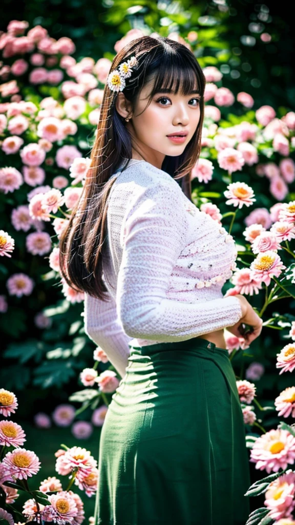 (best quality,4k,highres,masterpiece:1.5),ultra-detailed,(realistic,photorealistic,photo-realistic:1.37), beautiful girl 24 years old, beautiful detailed eyes,beautiful detailed lips,extremely detailed eyes and face,longeyelashes,1girl,illustration,soft lighting,vibrant colors,bokeh,romantic,dreamlike,ethereal vibe,Full Body Professional Photo, (Photo 4K:1.1) (Sharp Focus:1.1), High Detail, Woman in(beautiful chrysanthemum garden:1.2), Pretty Buttocks, long Hair, Instagram Pattern Pose, confident, slim girl, big tits:1.2, perfect anatomy, perfect symmetry:1.2, Realistic, realistic face:1.3, perfect face, content, confident, very detailed, and dramatic, cinematic lighting, Lighting scene, soft lights graceful movement, full body photography, (((masterpiece :1.5))), photoreal acmm ss outfit, wearing acmm top, light purple acmm top, short sleeves, buttons, wearing acmm long skirt, white and pink with printed acmm long skirt, acmm ls outfit, wearing acmm top, olive green acmm top, long sleeves, wearing acmm long skirt, olive green acmm long skirt, printed skirt