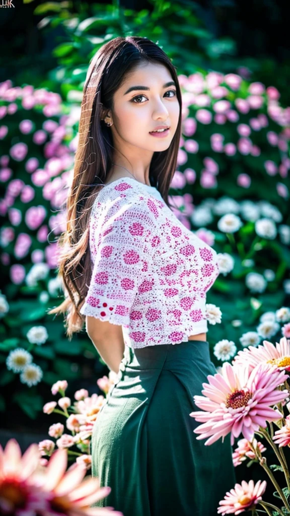 (best quality,4k,highres,masterpiece:1.5),ultra-detailed,(realistic,photorealistic,photo-realistic:1.37), beautiful girl 24 years old, beautiful detailed eyes,beautiful detailed lips,extremely detailed eyes and face,longeyelashes,1girl,illustration,soft lighting,vibrant colors,bokeh,romantic,dreamlike,ethereal vibe,Full Body Professional Photo, (Photo 4K:1.1) (Sharp Focus:1.1), High Detail, Woman in(beautiful chrysanthemum garden:1.2), Pretty Buttocks, long Hair, Instagram Pattern Pose, confident, slim girl, big tits:1.2, perfect anatomy, perfect symmetry:1.2, Realistic, realistic face:1.3, perfect face, content, confident, very detailed, and dramatic, cinematic lighting, Lighting scene, soft lights graceful movement, full body photography, (((masterpiece :1.5))), photoreal acmm ss outfit, wearing acmm top, light purple acmm top, short sleeves, buttons, wearing acmm long skirt, white and pink with printed acmm long skirt, acmm ls outfit, wearing acmm top, olive green acmm top, long sleeves, wearing acmm long skirt, olive green acmm long skirt, printed skirt