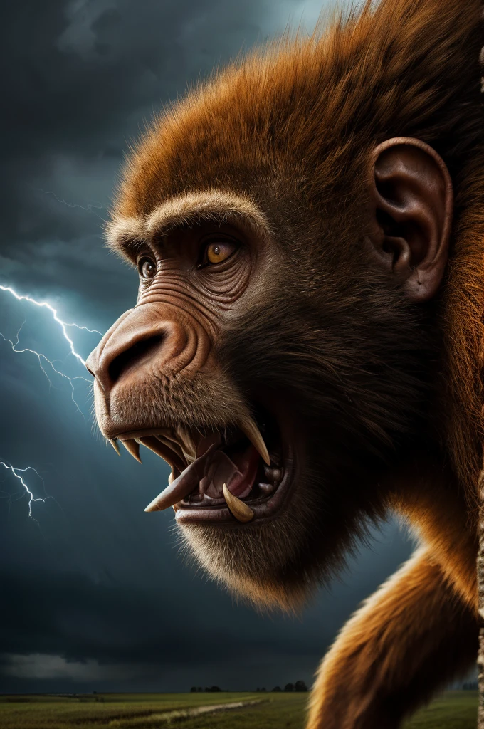 Immerse into a 16:9 hyper-realistic horror tableau where we focus on a close-up of character that transcends time: Earth's earliest human jumping high in air. Human, very close-up, still a evolving half-monkey, is rain-soaked and face painted with ancient symbols, uses only his teeth and nails in this desperate struggle for life. Human, though wounded, showcases its raw primal power with his high jump, its eyes burning orange glow with fury. Barely visible in background, a fierce storm rages over a vast prehistoric prairie, with raindrops falling with relentless force. The portrait, intensified by the stormy backdrop, is a vivid portrayal of survival, fear, and the eternal conflict between man and nature