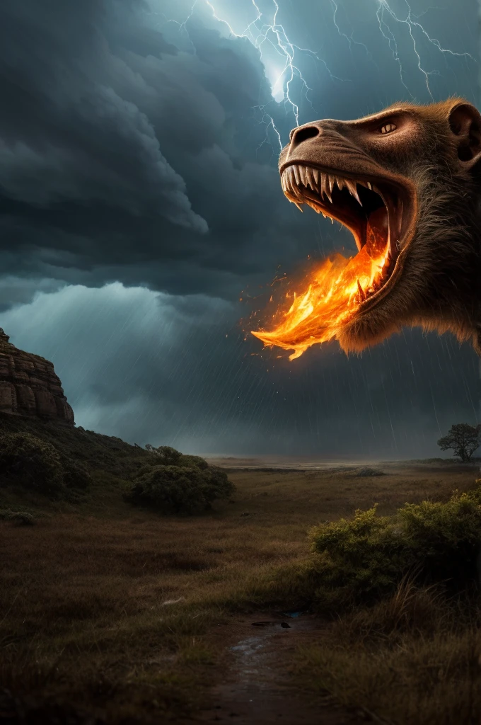 Immerse into a 16:9 hyper-realistic horror tableau where we focus on a close-up of character that transcends time: Earth's earliest human jumping high in air. Human, very close-up, still a evolving half-monkey, is rain-soaked and face painted with ancient symbols, uses only his teeth and nails in this desperate struggle for life. Human, though wounded, showcases its raw primal power with his high jump, its eyes burning orange glow with fury. Barely visible in background, a fierce storm rages over a vast prehistoric prairie, with raindrops falling with relentless force. The portrait, intensified by the stormy backdrop, is a vivid portrayal of survival, fear, and the eternal conflict between man and nature