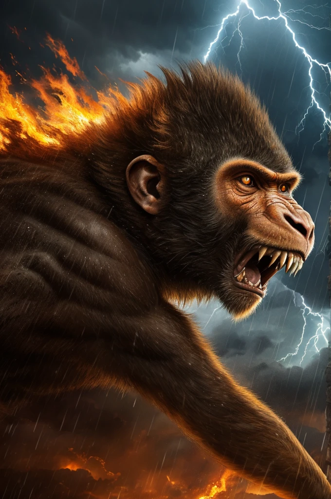 Immerse into a 16:9 hyper-realistic horror tableau where we focus on a close-up of character that transcends time: Earth's earliest human jumping high in air. Human, very close-up, still a evolving half-monkey, is rain-soaked and face painted with ancient symbols, uses only his teeth and nails in this desperate struggle for life. Human, though wounded, showcases its raw primal power with his high jump, its eyes burning orange glow with fury. Barely visible in background, a fierce storm rages over a vast prehistoric prairie, with raindrops falling with relentless force. The portrait, intensified by the stormy backdrop, is a vivid portrayal of survival, fear, and the eternal conflict between man and nature