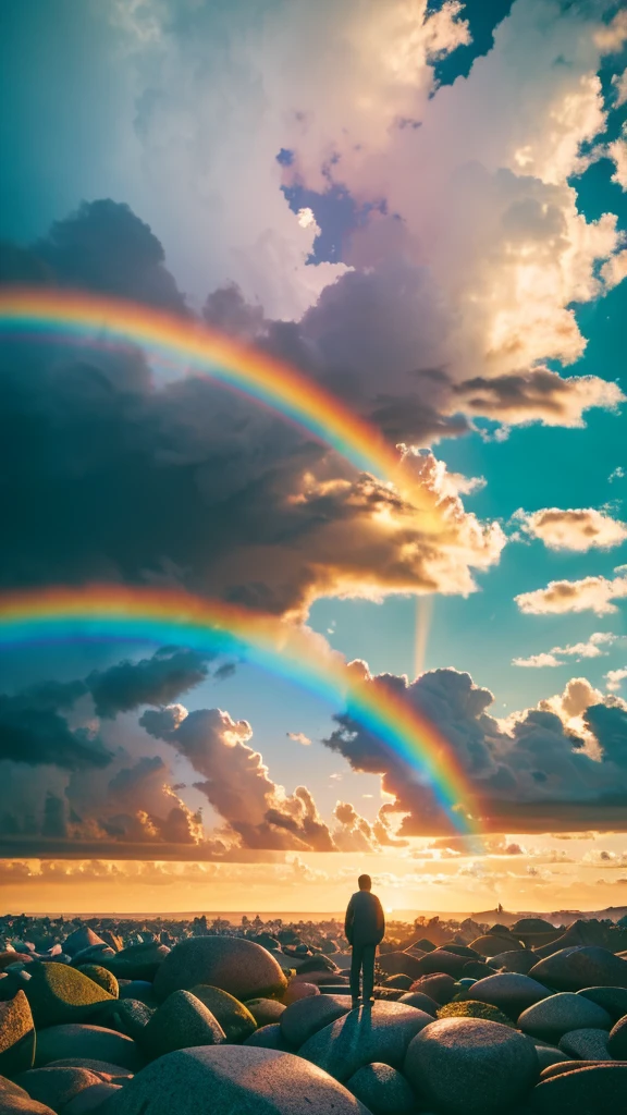 there is a rainbow in the sky over a beach with rocks and pebbles, an illustration of by Igor Grabar, trending on shutterstock, fine art, seashore, magical beach, sunny rainbow galaxy stormy sea, colorful hd picure, near the seashore, rainbow reflections, just one rainbow 8 k, beach landscape, still of rainbow ophanim, calm vivid colors a view of a city with tall buildings and a green park, a picture by Naondo Nakamura, unsplash, sōsaku hanga, tokyo japan,    there are two people climbing up a mountain with a view of the clouds, a detailed matte painting inspired by Michael Komarck, unsplash, romanticism, chamonix, photo epic of the year, max rive, breath taking, epic stunning atmosphere, national geographic footage, rise above clouds, stunning skied, above the clouds, gopro footage tokyo city, tokyo city in the background, tokio, tokyo, japanese city, tokyo prefecture, new tokyo, aerial view of a city, tokyo in the background, bird's eye view of a city