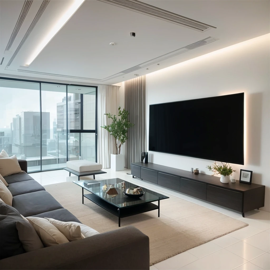 The living room has a large flat-screen TV and large windows。。。, Inside the apartment,A table, Cream Room, Modern living room, 奶油色和White color scheme, Natural light as background, Indoor living room, Living room, Apartment Design, Popular interior design styles, White color scheme,Modern style living room,Beige is the dominant and neutral tone,Modern popular furniture and some flowers and greenery,Simple and practical TV background wall,Exquisite wooden floor,Beautiful artistic chandelier,Bright space,Soft Light,Through the window, Enjoy the cityscape of the high-rise building,Ultra-high quality,Super Detail,Masterpiece, A high resolution, Modern living room, Modern Home, Simple style, Realism, Ray Tracing, Sony FE GM, Sony FE, Nikon, Canon, Ultra HD, ccurate, Textured Skin, Highly detailed, Super details, High quality, Best quality, 16K, Awards,Wide Angle
