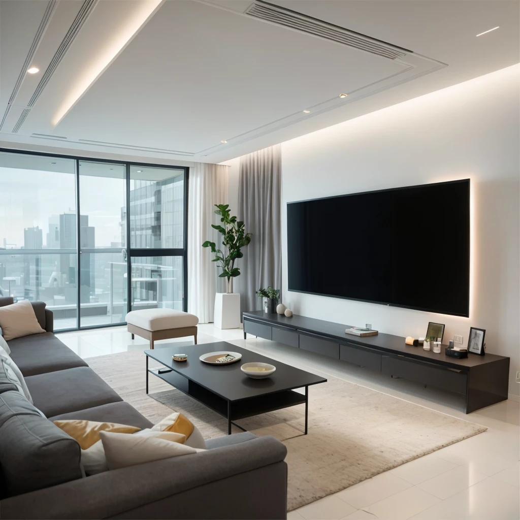 The living room has a large flat-screen TV and large windows。。。, Inside the apartment,A table, Cream Room, Modern living room, 奶油色和White color scheme, Natural light as background, Indoor living room, Living room, Apartment Design, Popular interior design styles, White color scheme,Modern style living room,Beige is the dominant and neutral tone,Modern popular furniture and some flowers and greenery,Simple and practical TV background wall,Exquisite wooden floor,Beautiful artistic chandelier,Bright space,Soft Light,Through the window, Enjoy the cityscape of the high-rise building,Ultra-high quality,Super Detail,Masterpiece, A high resolution, Modern living room, Modern Home, Simple style, Realism, Ray Tracing, Sony FE GM, Sony FE, Nikon, Canon, Ultra HD, ccurate, Textured Skin, Highly detailed, Super details, High quality, Best quality, 16K, Awards,Wide Angle