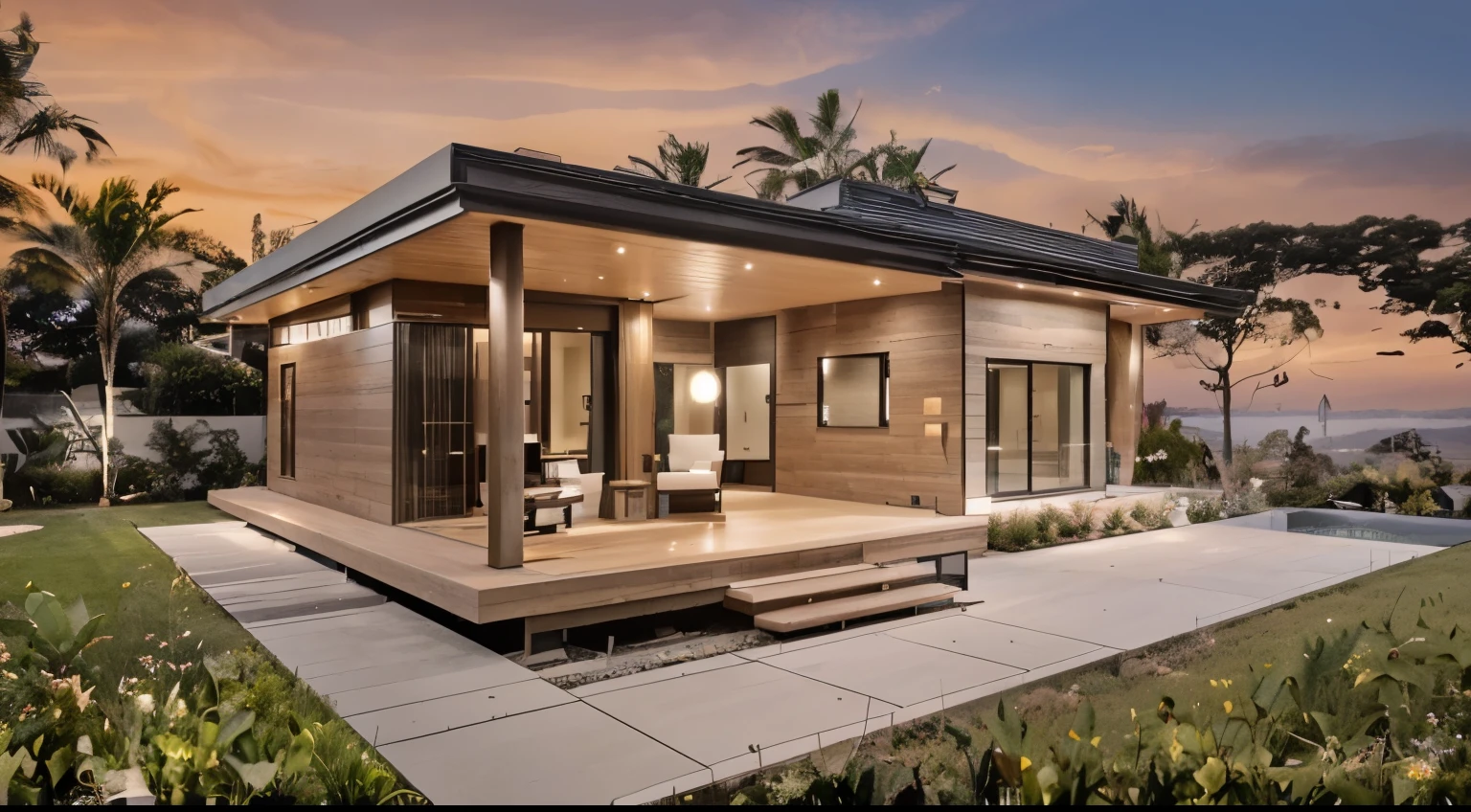 Bauhaus style house, glass house with a sloping roof, modern, vibrant (Photo brute, real, best quality, head of'artwork:1.2), (hyper realistic, photo-realistic:1.2), High quality, (dark lighting:1.2), perfect lighting, archquotidiennement