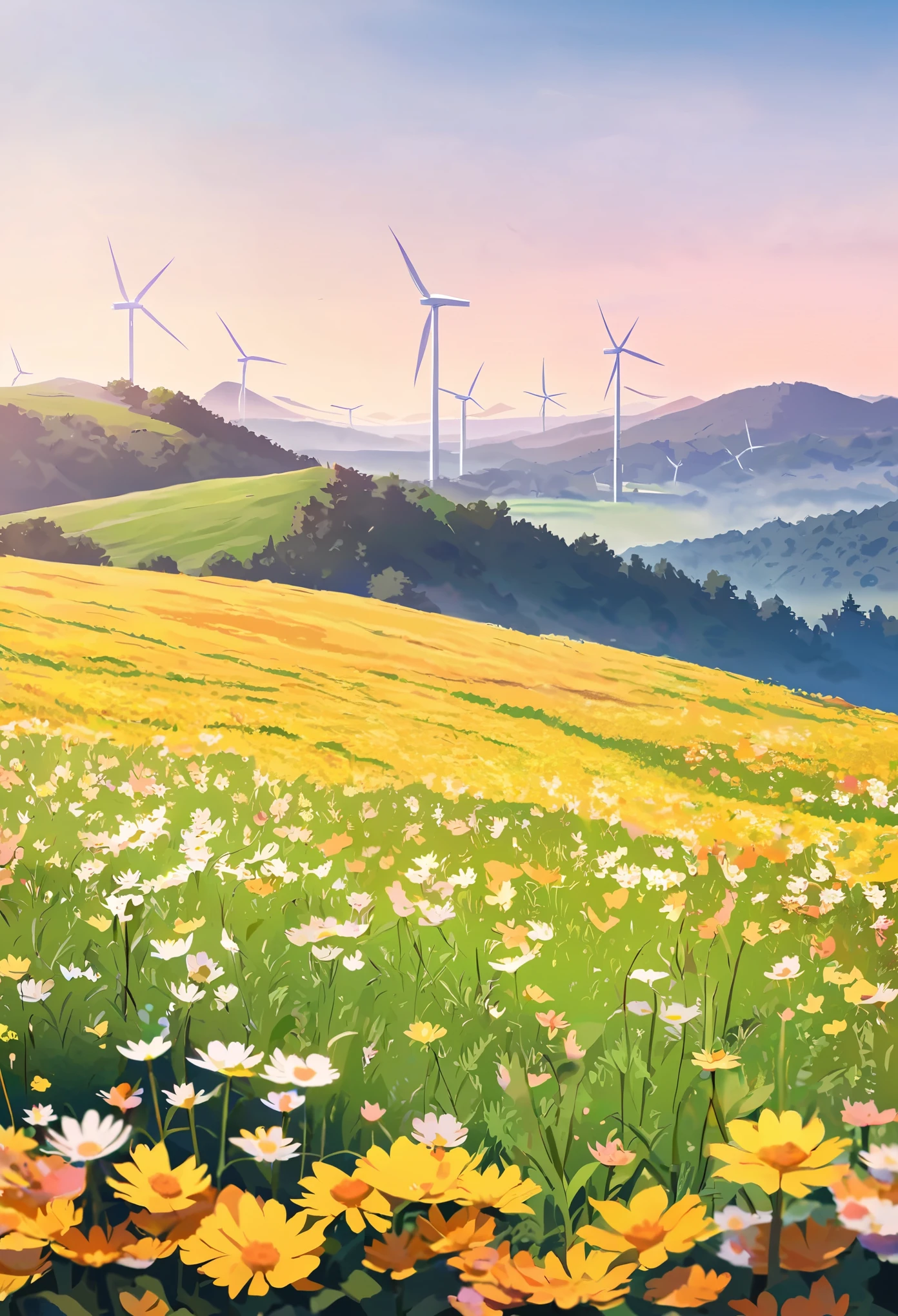 Flower Field, Hiking, plateau, summer，Wind power stations