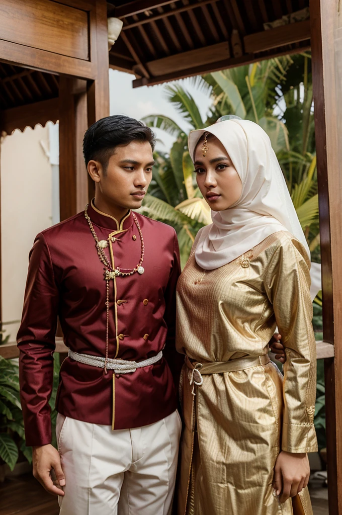 A 24 year old man wearing traditional Indonesian pre-wedding clothes, a woman wearing traditional Indonesian pre-wedding clothes, wearing hijab, with a luxurious wedding background, Realistic, original photo

