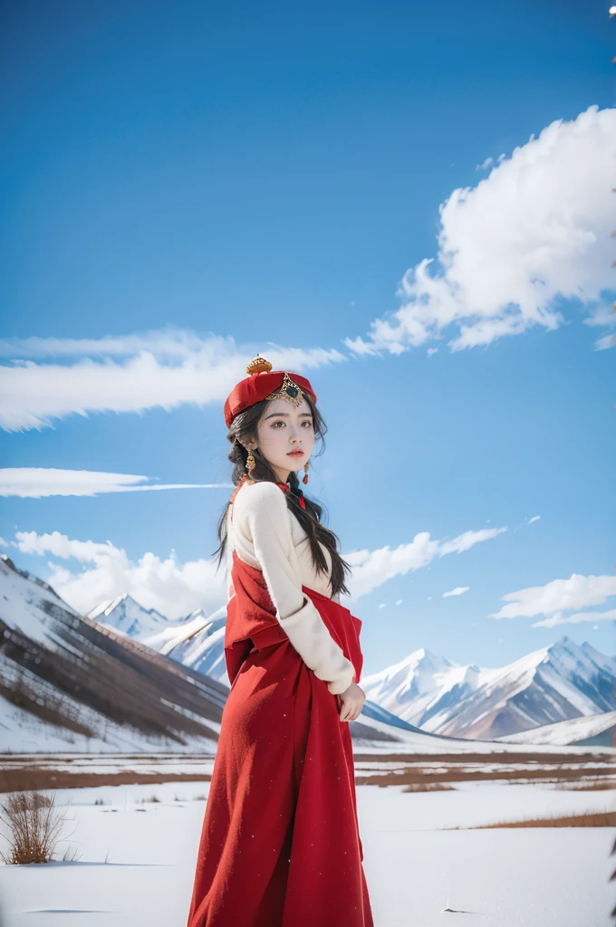 (masterpiece, best quality:1.2),red Tibetan clothing,1 Tibetan girl, blue sky, cloud, cloudy sky, day, earrings,Plush hat, horizon,Tibetan Earrings,jewelry,necklace, lips,snow mountain, outdoors, parted lips, red lips, solo,flat chest,(upper body:1.2),standing,(arms behind back:1.2),(from front:1.2)