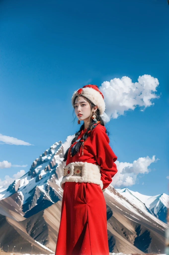 (masterpiece, best quality:1.2),red Tibetan clothing,1 Tibetan girl, blue sky, cloud, cloudy sky, day, earrings,Plush hat, horizon,Tibetan Earrings,jewelry,necklace, lips,snow mountain, outdoors, parted lips, red lips, solo,flat chest,(upper body:1.2),standing,(arms behind back:1.2),(from front:1.2)