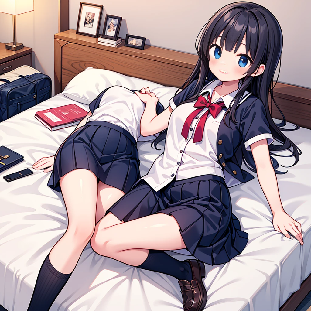 {Highest quality], [so beautiful], [Ultra-fine], [Best illustrations], Browsing Caution,Black Hair, Hime cut, Long Hair, With bangs, girl,high school student,uniform,knit,skirt,smile, blush, Slender women, Adult female,(public),,diagonal, Navy blue knee socks,Black Loafers.night,Health Room,Lying in bed feeling unwell