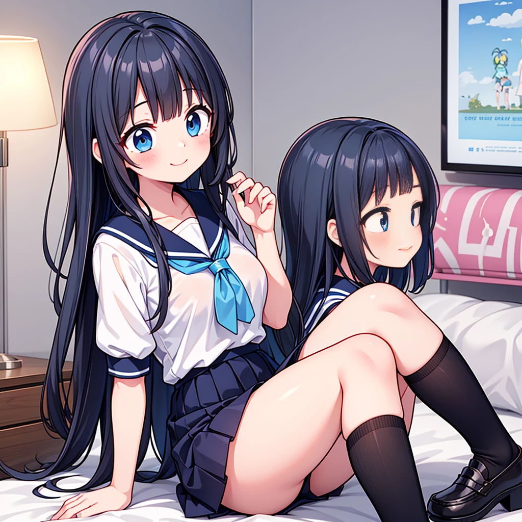 {Highest quality], [so beautiful], [Ultra-fine], [Best illustrations], Browsing Caution,Black Hair, Hime cut, Long Hair, With bangs, girl,high school student,uniform,knit,skirt,smile, blush, Slender women, Adult female,(public),,diagonal, Navy blue knee socks,Black Loafers.night,Health Room,Lying in bed feeling unwell