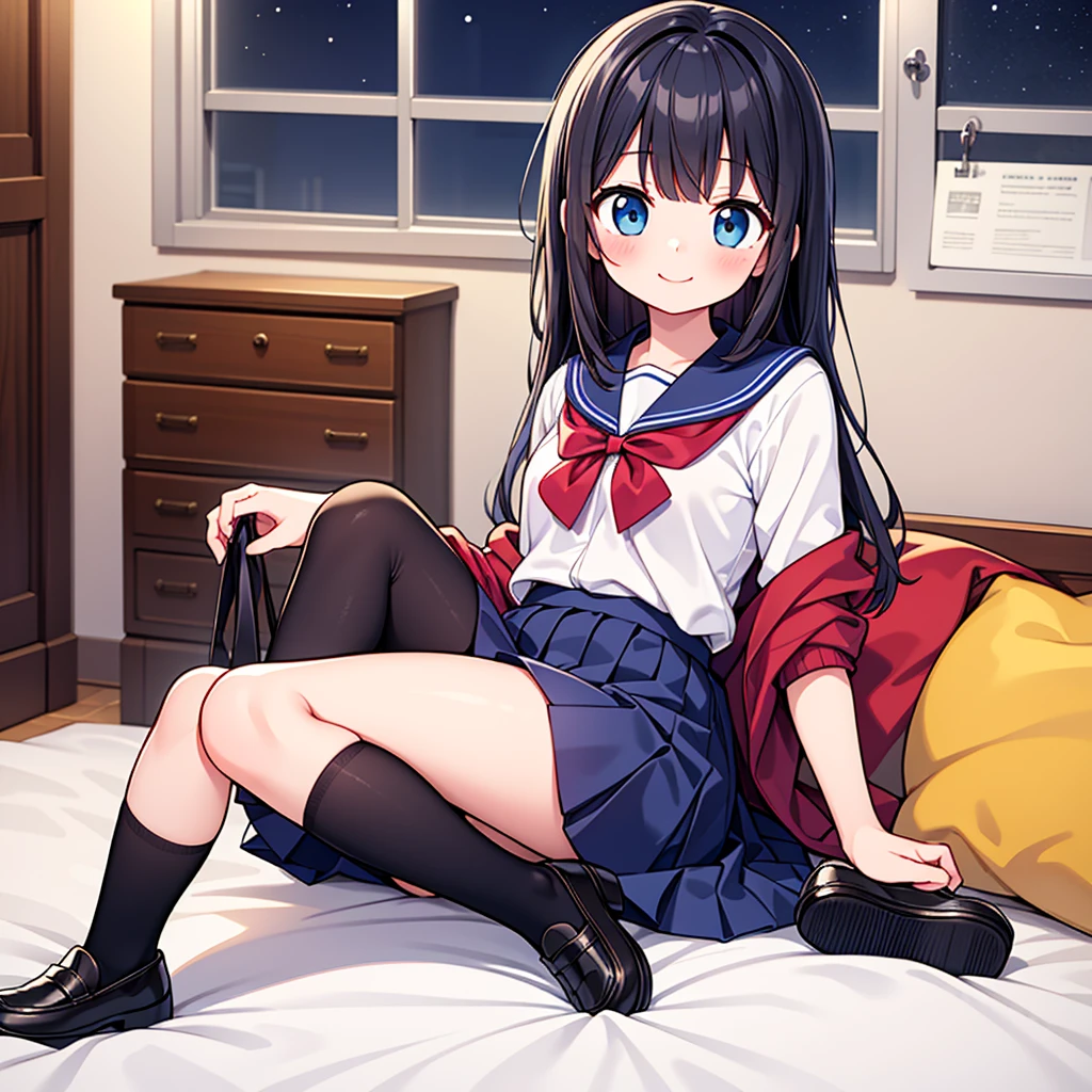 {Highest quality], [so beautiful], [Ultra-fine], [Best illustrations], Browsing Caution,Black Hair, Hime cut, Long Hair, With bangs, girl,high school student,uniform,knit,skirt,smile, blush, Slender women, Adult female,(public),,diagonal, Navy blue knee socks,Black Loafers.night,Health Room,Lying in bed feeling unwell