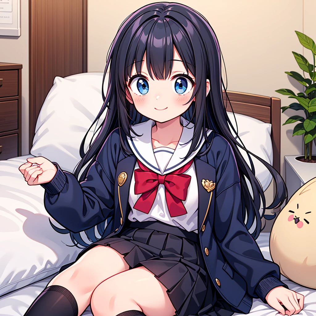 {Highest quality], [so beautiful], [Ultra-fine], [Best illustrations], Browsing Caution,Black Hair, Hime cut, Long Hair, With bangs, girl,high school student,uniform,knit,skirt,smile, blush, Slender women, Adult female,(public),,diagonal, Navy blue knee socks,Black Loafers.night,Health Room,Lying in bed feeling unwell