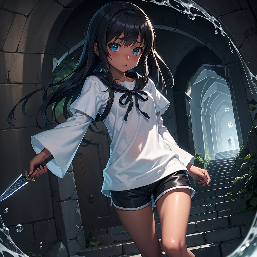 最high quality、high quality、Simple cloth clothing、10Year-old girl adventurer、Descend the maze stairs、Shorts、Equipped with a dagger and a shield、In a dark maze、The body is being swallowed by slime