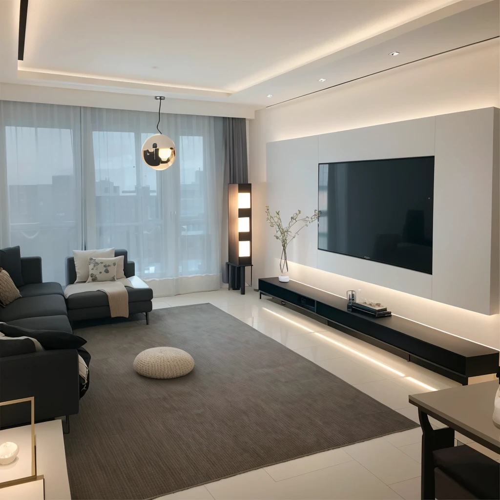 The living room has a large flat-screen TV and large windows。。。, Inside the apartment,A table, Cream Room, Modern living room, 奶油色和White color scheme, Natural light as background, Indoor living room, Living room, Apartment Design, Popular interior design styles, White color scheme，Modern style living room，Beige is the dominant and neutral tone，Modern popular furniture and some flowers and greenery，Simple and practical TV background wall，Exquisite wooden floor，Beautiful artistic chandelier，Bright space，Soft Light，Through the window, Enjoy the cityscape of the high-rise building，Ultra-high quality，Super Detail，Masterpiece, A high resolution, Modern living room, Modern Home, Simple style, Realism, Ray Tracing, Sony FE GM, Sony FE, Nikon, Canon, Ultra HD, ccurate, Textured Skin, Highly detailed, Super details, High quality, Best quality, 16K, Awards，Wide Angle