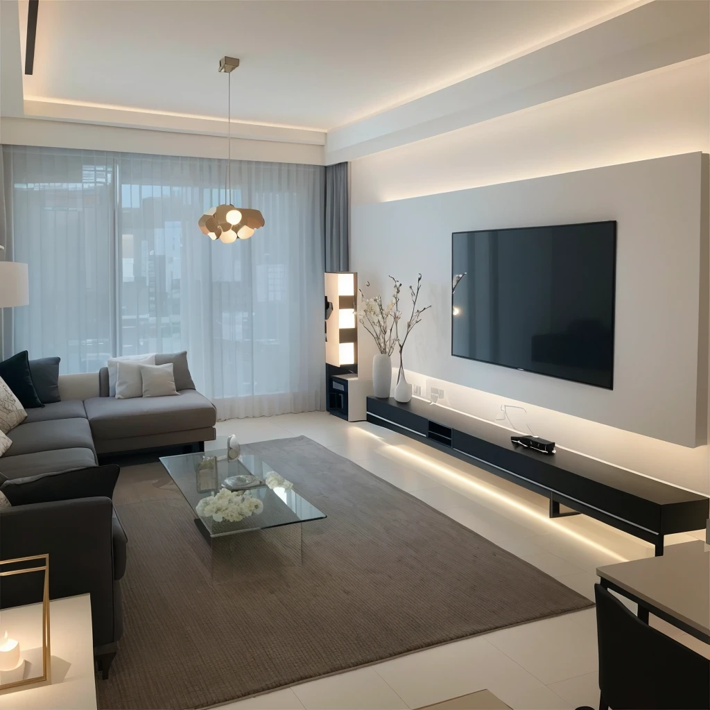 The living room has a large flat-screen TV and large windows。。。, Inside the apartment,A table, Cream Room, Modern living room, 奶油色和White color scheme, Natural light as background, Indoor living room, Living room, Apartment Design, Popular interior design styles, White color scheme，Modern style living room，Beige is the dominant and neutral tone，Modern popular furniture and some flowers and greenery，Simple and practical TV background wall，Exquisite wooden floor，Beautiful artistic chandelier，Bright space，Soft Light，Through the window, Enjoy the cityscape of the high-rise building，Ultra-high quality，Super Detail，Masterpiece, A high resolution, Modern living room, Modern Home, Simple style, Realism, Ray Tracing, Sony FE GM, Sony FE, Nikon, Canon, Ultra HD, ccurate, Textured Skin, Highly detailed, Super details, High quality, Best quality, 16K, Awards，Wide Angle