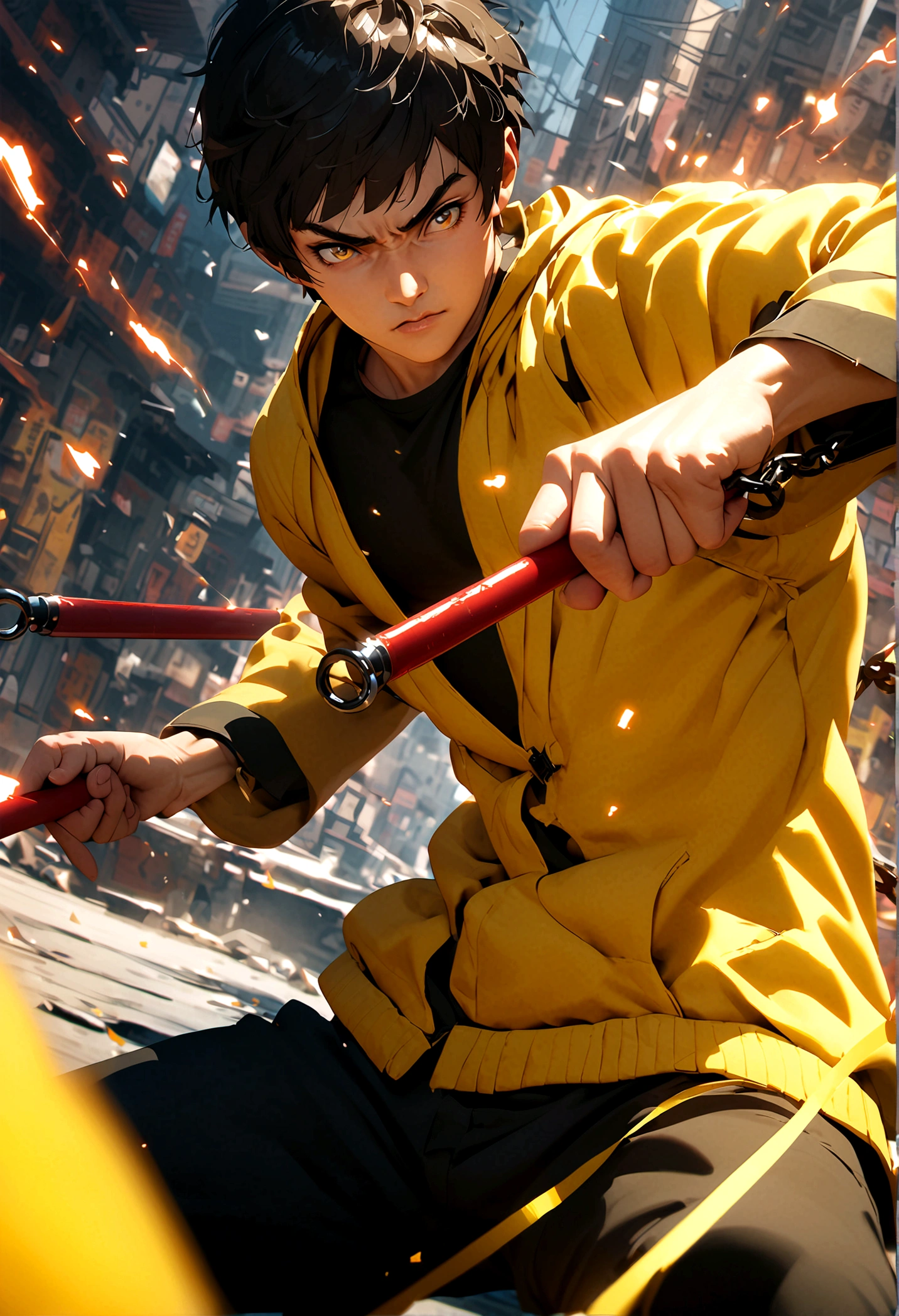 Bruce Lee, yellow coat, e nunchaku